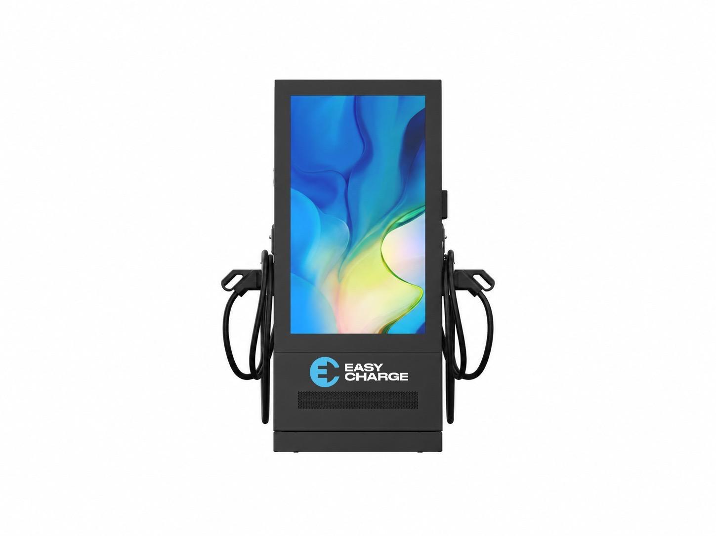 עמדת טעינה מסחרית של Easy Charge עם מסך פרסום גדול בחזית